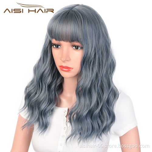 Aisi Hair Synthetic Nature Blue Body Wave Long Wavy Bang Wig Heat Resistant Fiber Wigs for White Black Women Cosplay Party Wigs